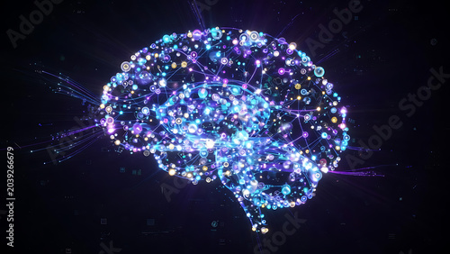 Digital Human Brain Composed Of Glowing Blue And Purple Technology Icons On Dark Background