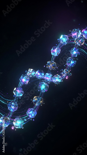 Glowing Neon Blue DNA Helix Structure With Crystal Spheres In Deep Space Background Science Concept