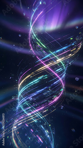 Glowing Neon Dna Helix Structure With Vibrant Light Trails On Dark Background In Scientific Concept