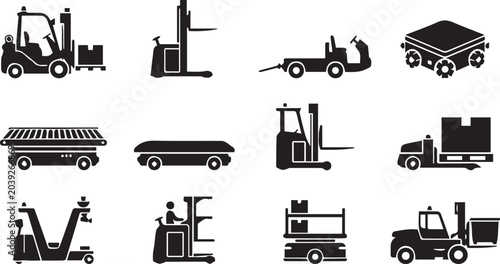 Automated guided vehicle AGV types and warehouse robotics vector icon grid