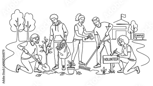 Volunteers planting trees and flowers outdoors.