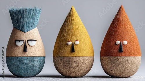 Three cartoon bird figurines in light blue, yellow, orange, round base segmented neck, feathery crest, orange bird with long pointed beak, white background.