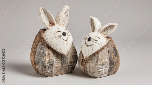 Two ceramic Easter bunny figurines side by side, larger left smaller right, brown wood-like texture, white inner ears, black oval nose and dot eyes with black smile, egg shaped, white background.