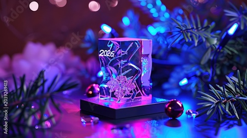 Crystal Award with 2026 Engraving Surrounded by Neon Blue Pink Lights and Christmas Decorations