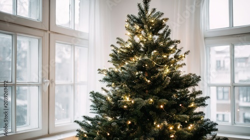 Decorated Christmas Tree with Lights in Bright Room with Large Windows