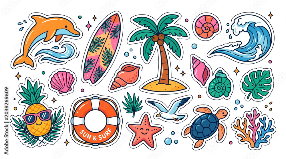 Obraz premium Cheerful cartoon summer beach vacation tropical marine life and ocean travel stickers set