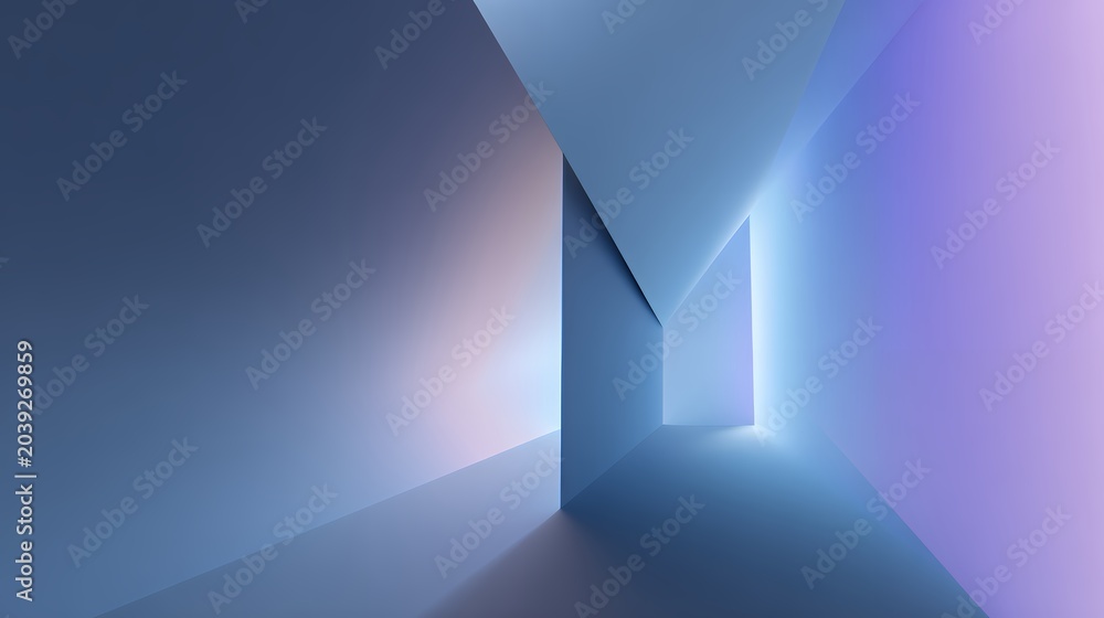 Obraz premium Abstract architectural 3D background featuring minimalist blue geometric walls, soft pastel light gradients, and clean space