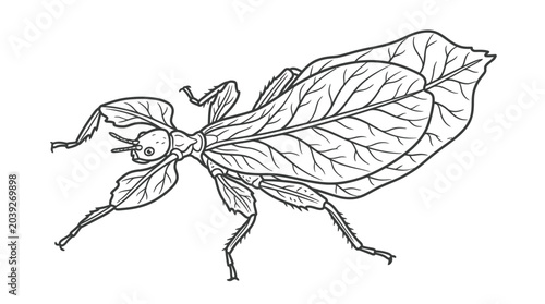 Detailed leaf insect profile line art illustration.