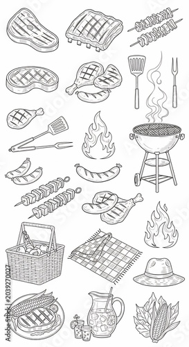 Vintage illustration: Summer BBQ essentials, smoky grill, juicy steaks, picnic basket, and outdoor fun.