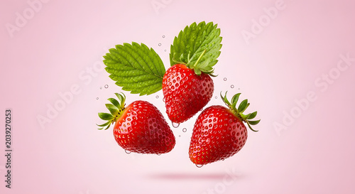 Fresh Ripe Strawberries With Water Droplets Hanging on Green Leaves Against Soft Pink Background