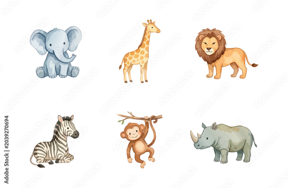 Obraz premium Watercolor zoo safari animal icons set isolated on white background