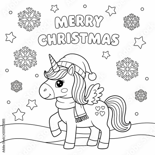 Whimsical Unicorn in Winter Wonderland: Festive Hand-Drawn Christmas Illustration with Snowflakes & Stars