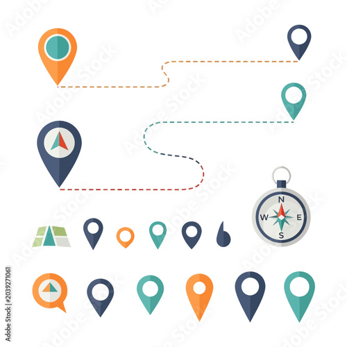 Colorful Map Location Pin Icons and Navigation Elements for Modern Travel Interface Design