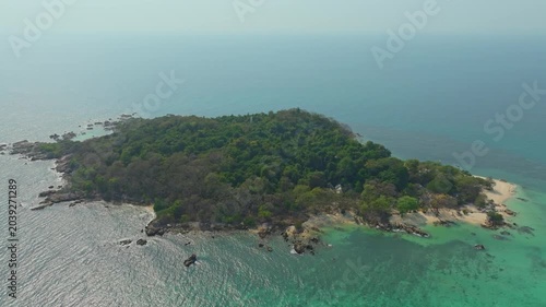 Aerial view of a dense, vibrant green coastal jungle meeting dark blue ocean water. A thin, rocky beach and white foamy waves separate the rugged terrain from the sea.concept nature	
