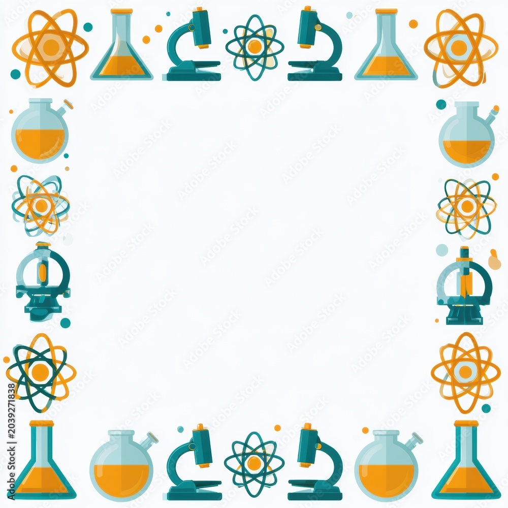 Fototapeta premium Colorful science icons create a border around a blank space, featuring atoms, flasks, and microscopes, suitable for educational materials or designs.