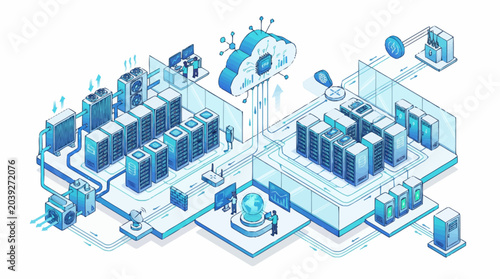 Fotografi Modern data center with servers and cloud computing illustration.