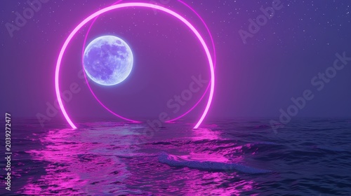 Neon Moon and Circular Light Rings Over Ocean at Night with Starry Sky