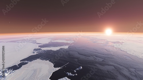Sunrise Over Polar Ice Cap in Space with Earth View and Dark Sky