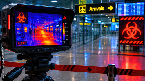 Ebola virus, global health security. A modern thermal imaging camera on a tripod stand at an airport arrival gate.