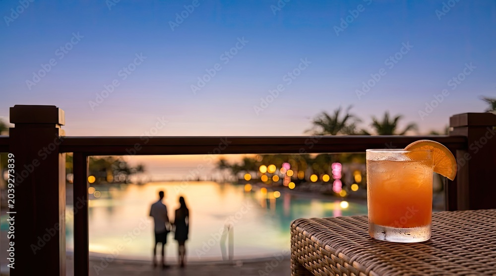 Obraz premium Refreshing beverage on balcony overlooking resort pool at sunset.