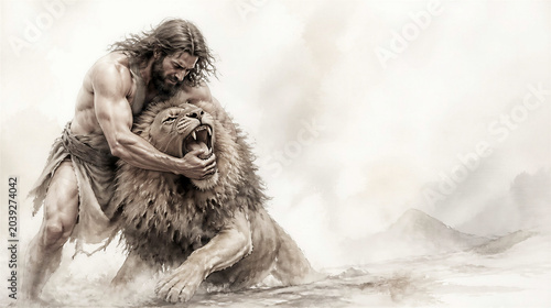 Samson fights a lion. Biblical scene concept religious theme. Artistic minimalist art with copy space.