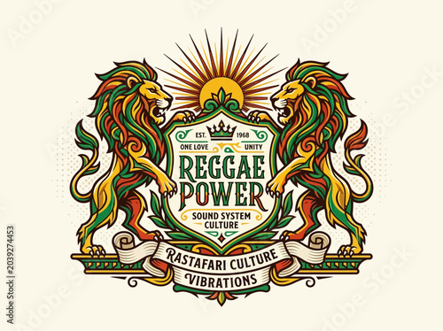 Cuadro en lienzo Reggae Power Heraldic Shield Logo with Lion of Judah, Rastafarian Colors, and Su