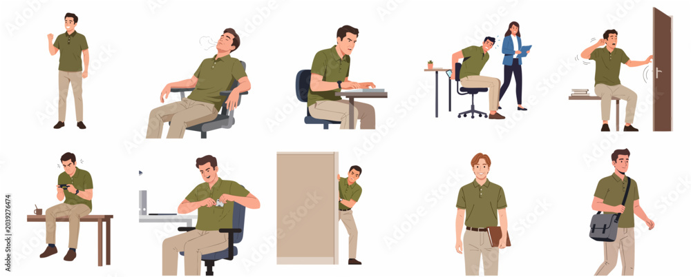 Fototapeta premium Young Businessman Office Life Character Set Illustration with Different Poses and Emotions