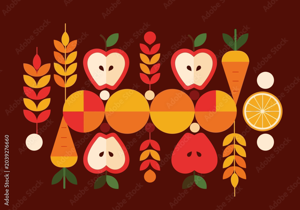 Fototapeta premium Geometric Abstract Food Illustration of Apples, Carrots, and Wheat - Healthy Organic Harvest Concept for Nutrition and Agriculture Design