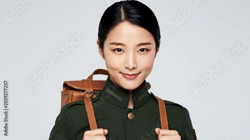 Asian woman with brown leather backpack on gray background