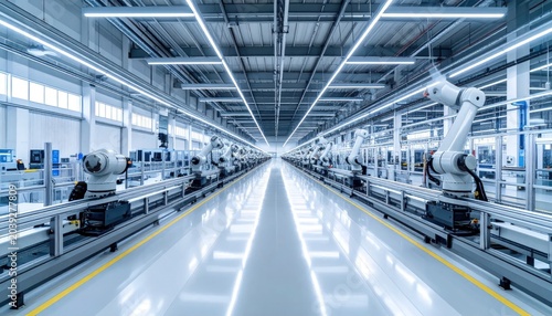 Industrial factory interior with robotic arms.