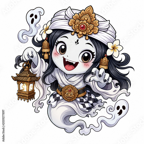 Adorable Balinese-inspired phantom character with a traditional lantern, embracing a playful yet enchanting supernatural presence