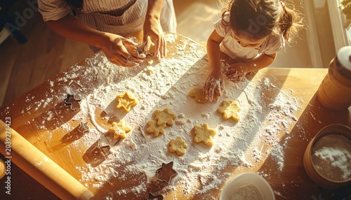 A warm moment of a mother and little daughter making cakes together at a wooden table sprinkled with flour. The mother helps her toddler shape the dough using a shaped cake moldr