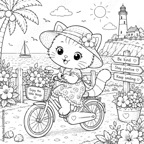 A cheerful cartoon elephant riding a bicycle in a whimsical park setting with motivational speech bubbles