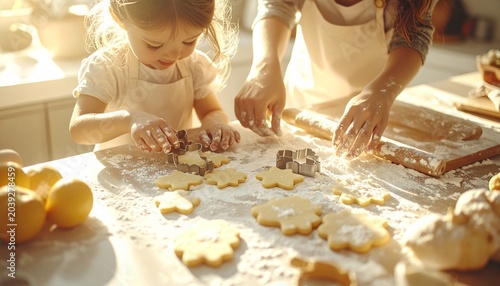 A little girl and her mother are busy making cakes together in the kitchen which is brightly lit by natural sunlight. The child looks focused on using the cake mold on the dough aboves