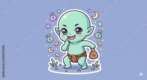 Cute cartoon baby goblin character with money bags and starry sky background, whimsical illustration