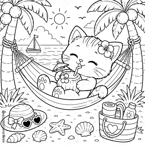 Black and white line of a cartoon man holding a laptop surrounded by plants and a coffee cup line cartoon man