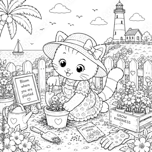 A potted plant with a face watering itself surrounded by blooming flowers and a church in the background