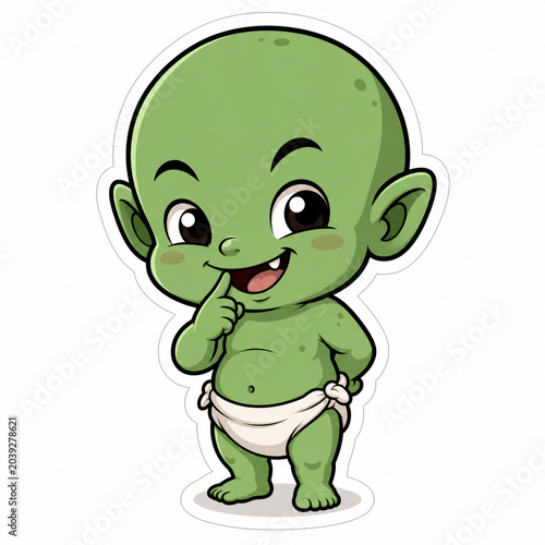 Adorable green baby creature wearing a diaper, with a playful expression and finger near its mouth, isolated on white background