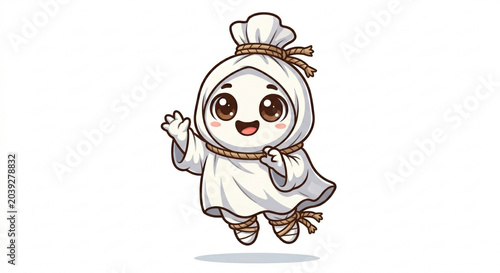 Charming Cartoon Ghost Character Waving Hello, Adorable and Friendly, Isolated on White Background, Perfect for Halloween and Spooky Themed Designs