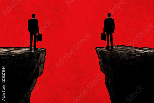 Businessman cliff gap risk crisis recession pandemic economic chasm. Two businessman with briefcase face cliff gap risk during pandemic economic
