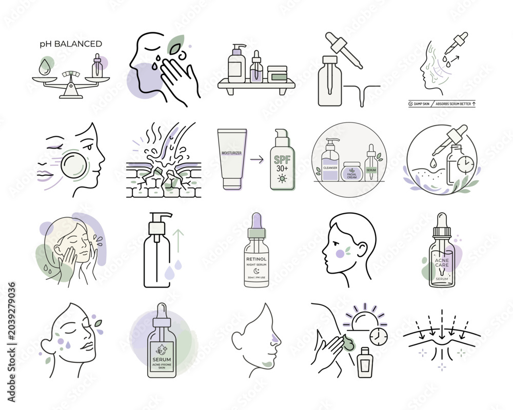 Fototapeta premium Line art skin care routine icons or Minimalist face care steps icons