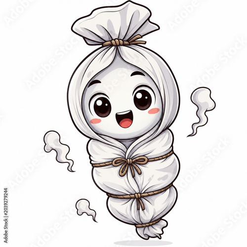 Adorable bundled spirit character with a joyful expression, a cute and friendly phantom charm perfect for playful designs and lighthearted fantasy themes