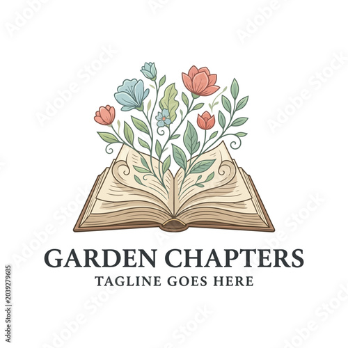 Creative and whimsical logo design for bookstores, libraries, florists, or creative writing services, symbolizing the growth of ideas and stories.