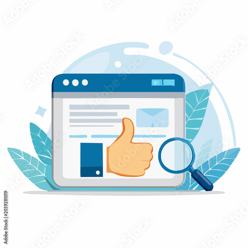 虫眼鏡とブラウザによるSEO対策とWeb最適化のサムズアップイラスト