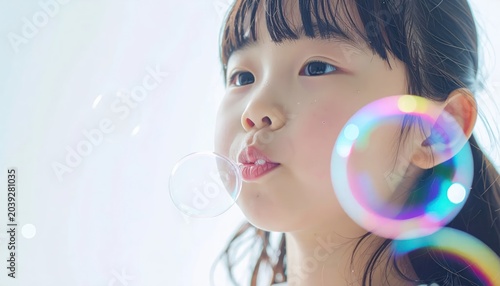 Little girl blowing colorful soap bubble.