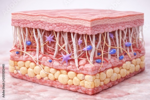 Cross-section of human skin layers with collagen and nerve cells exposed. Ai generative
