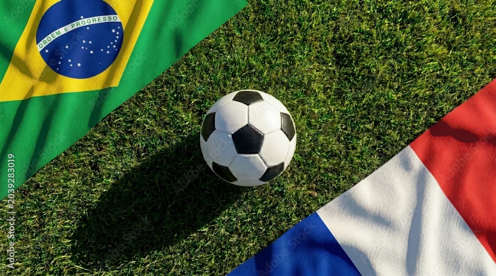 Fototapeta premium Soccer ball resting on lush green grass between waving brazil and france national flags representing an international championship match competition concept