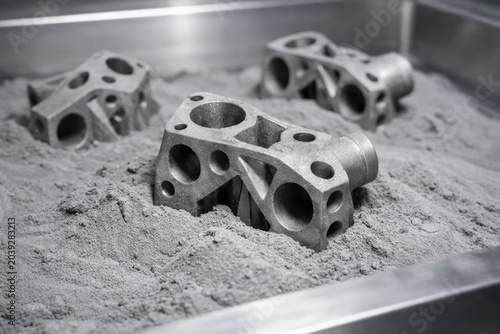 Metal parts emerging from powder in 3D printing process concept photo. Ai generative