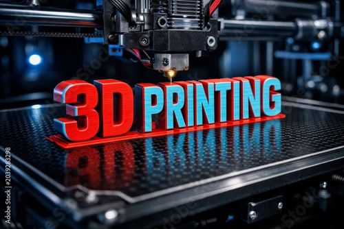 3D printing concept with colorful text on printer platform in factory lab. Ai generative