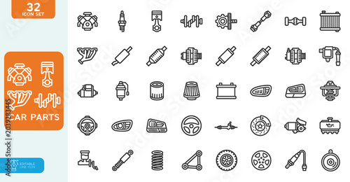 Car parts Vector illustration line editable icons set. Car spare parts icon collection. Outline Icon Collection. on white background.